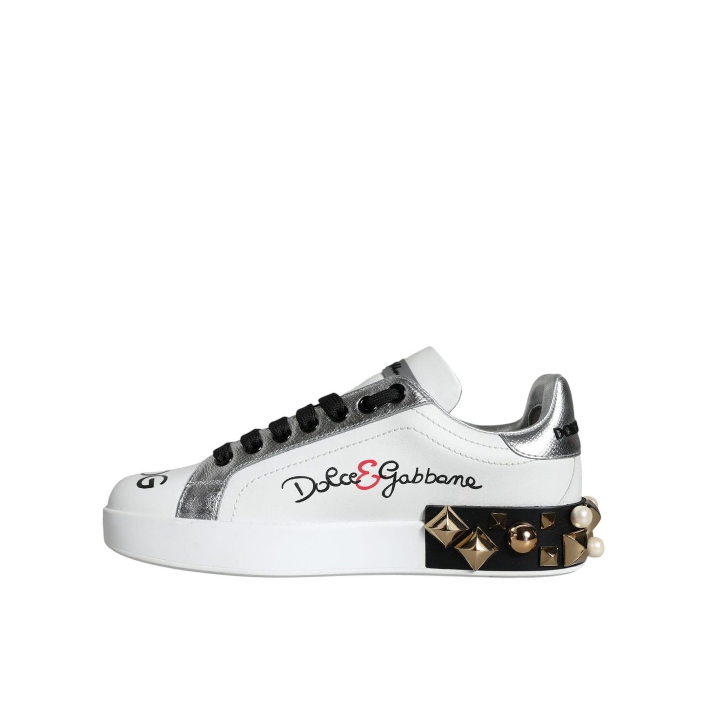Dolce & Gabbana White Leather Floral Studded Sneakers Shoes LA11664-35