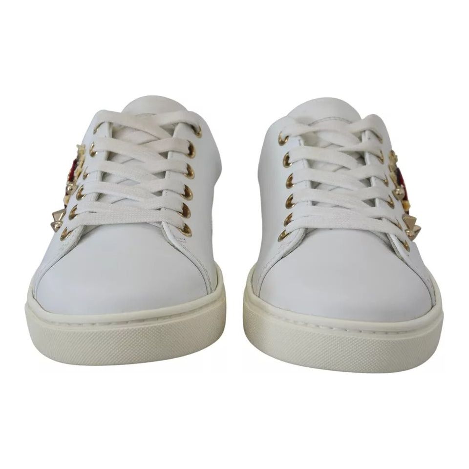 Dolce & Gabbana White Leather Gold Red Heart Sneakers Shoes LA10012-35