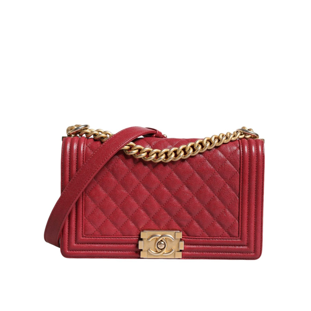 Chanel Red Leather Lambskin Double Gold Chain Medium Shoulder Bag