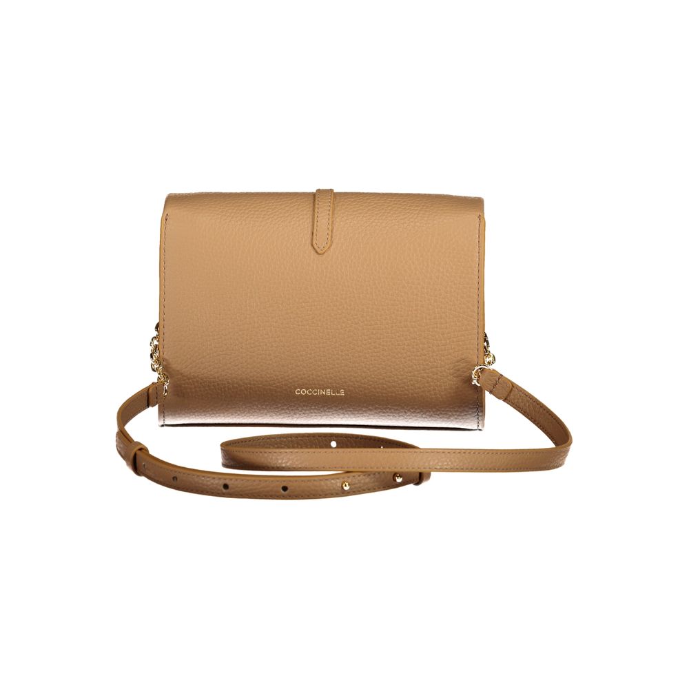 Coccinelle Brown Leather Handbag with adjustable and removable shoulder strap, internal card spaces, automatic closure, and logo detail.