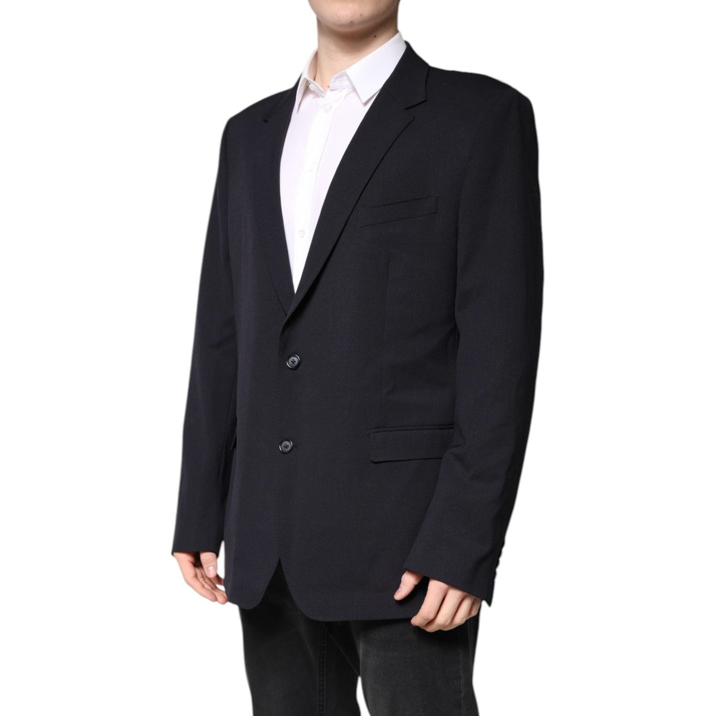 Dolce & Gabbana Dark Blue Wool Single Breasted Coat Blazer JKT41397-56