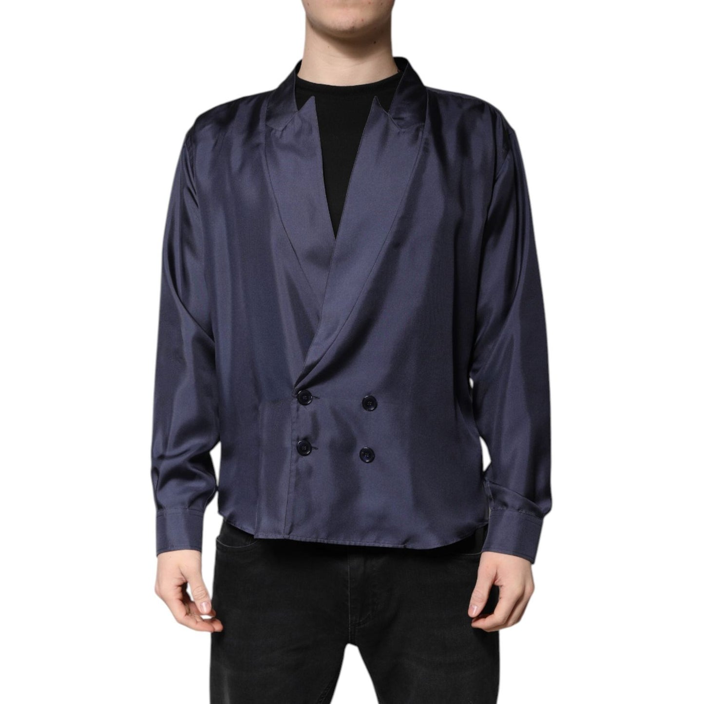 Dolce & Gabbana Dark Blue Silk Double Breasted Shirt TSH90177-43