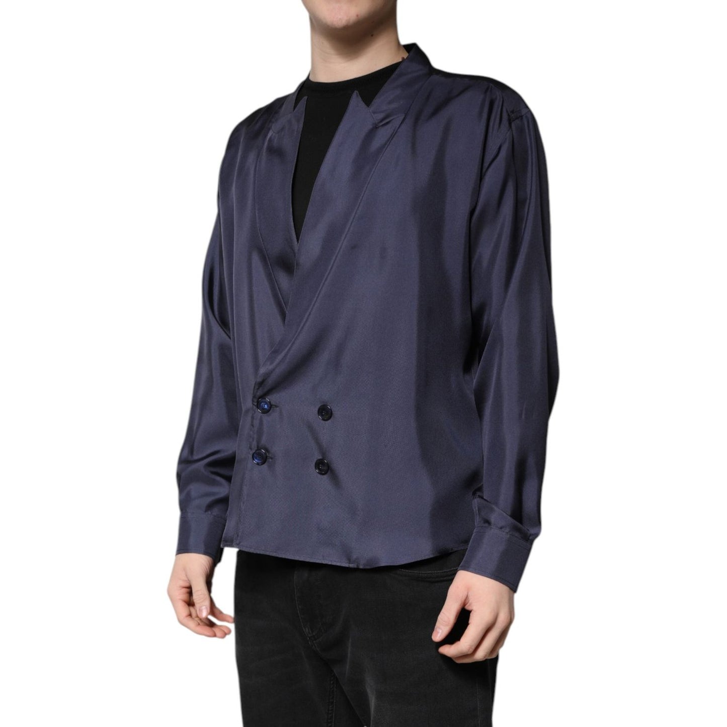 Dolce & Gabbana Dark Blue Silk Double Breasted Shirt TSH90177-43