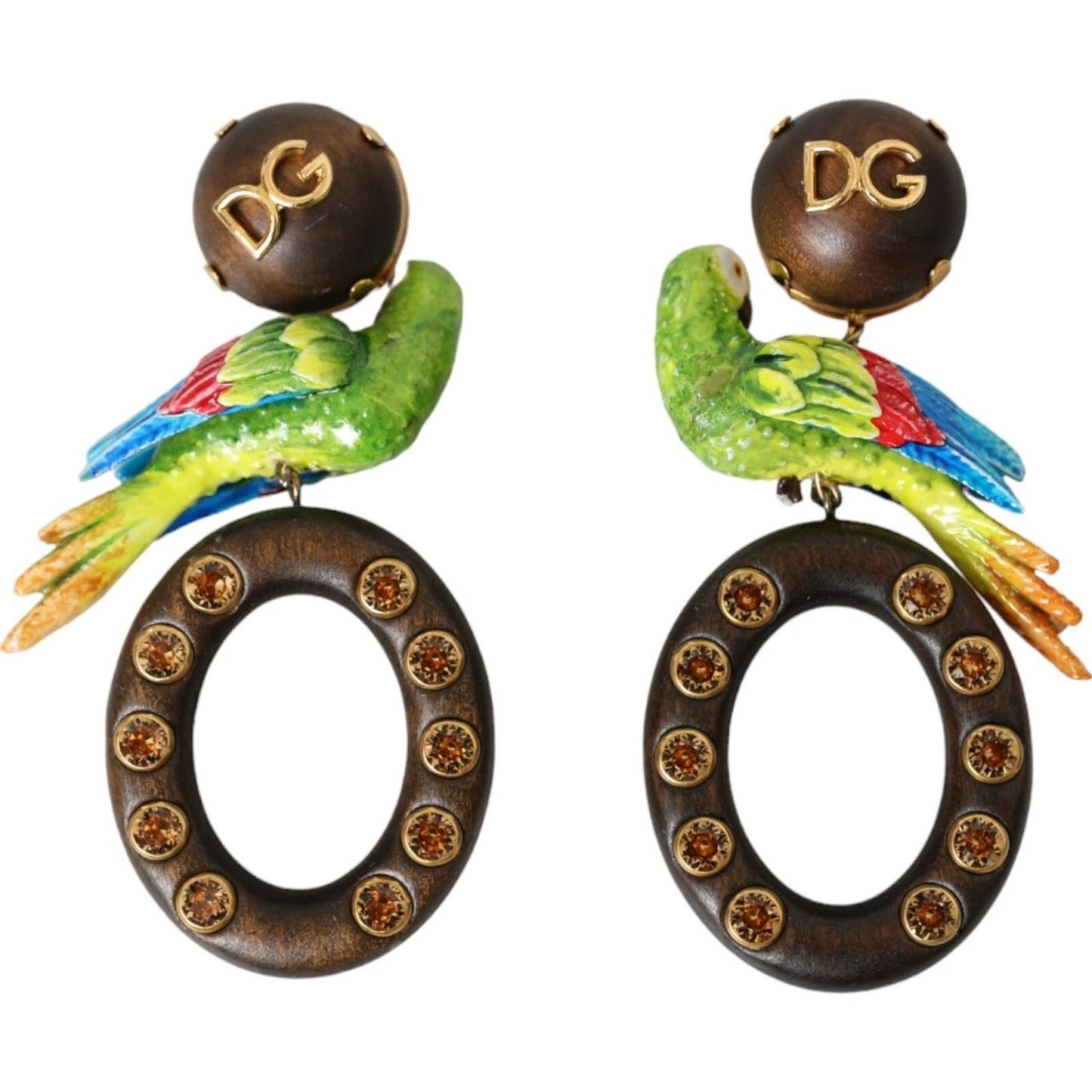 Dolce & Gabbana Multicolor Parrot Wood Brass Crystal Embellished Earrings SMY101253