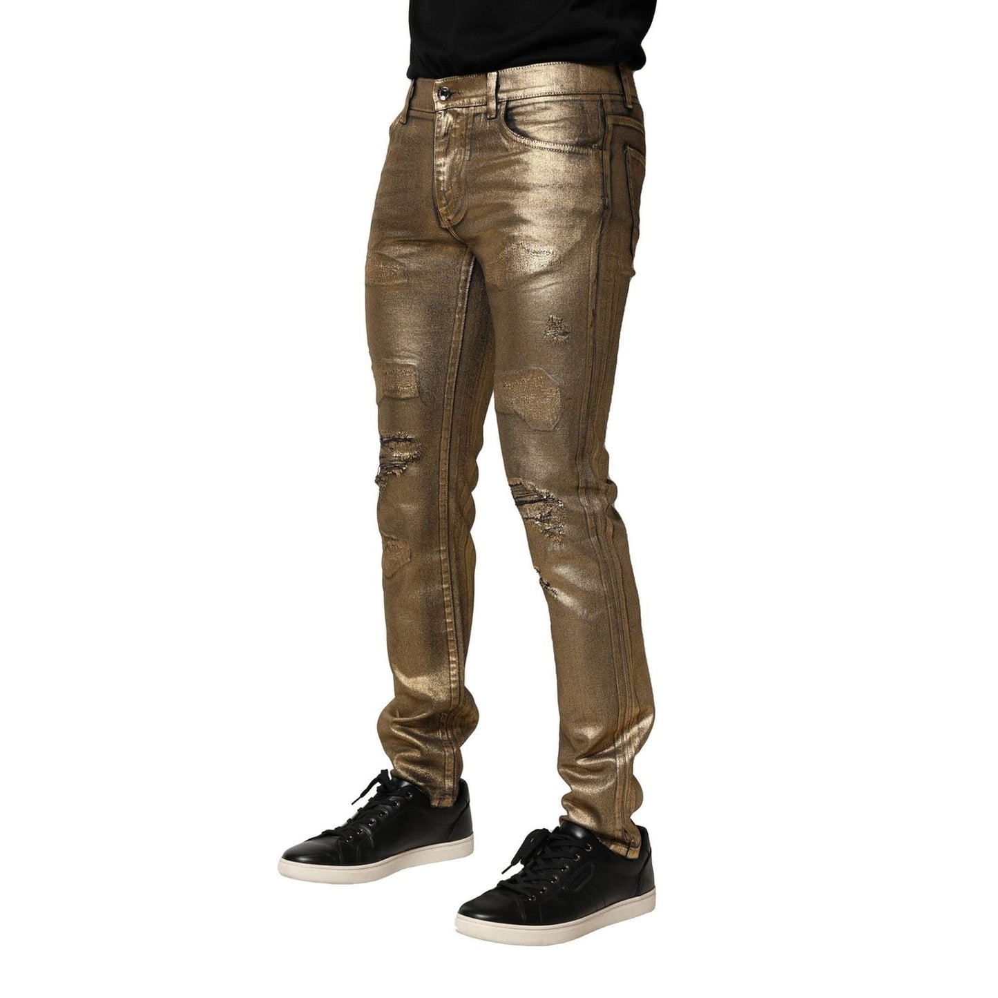 Dolce & Gabbana Gold Tattered Cotton Stretch Slim Denim Jeans PAN76482-48