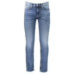 Calvin Klein slim taper blue jeans with 5 pockets made from 20% recycled cotton, featuring button and zip closure and logo detail.