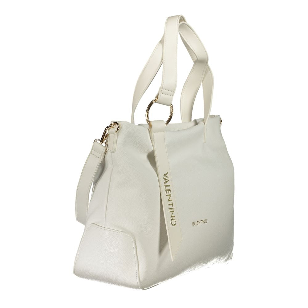 Mario Valentino White Polyethylene Handbag with gold logo, adjustable strap, and internal pockets for phone and essentials.