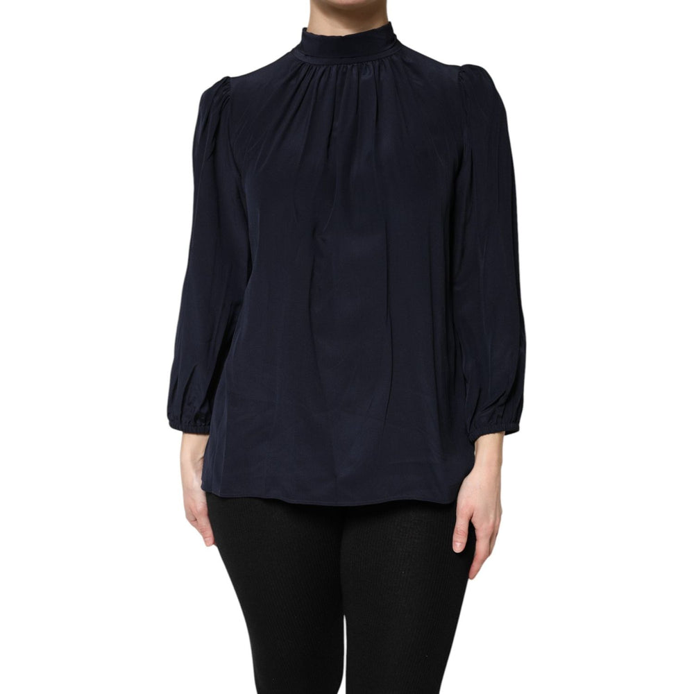 Dolce & Gabbana Blue Silk Mock Neck Long Sleeves Blouse Top TSH906731-40