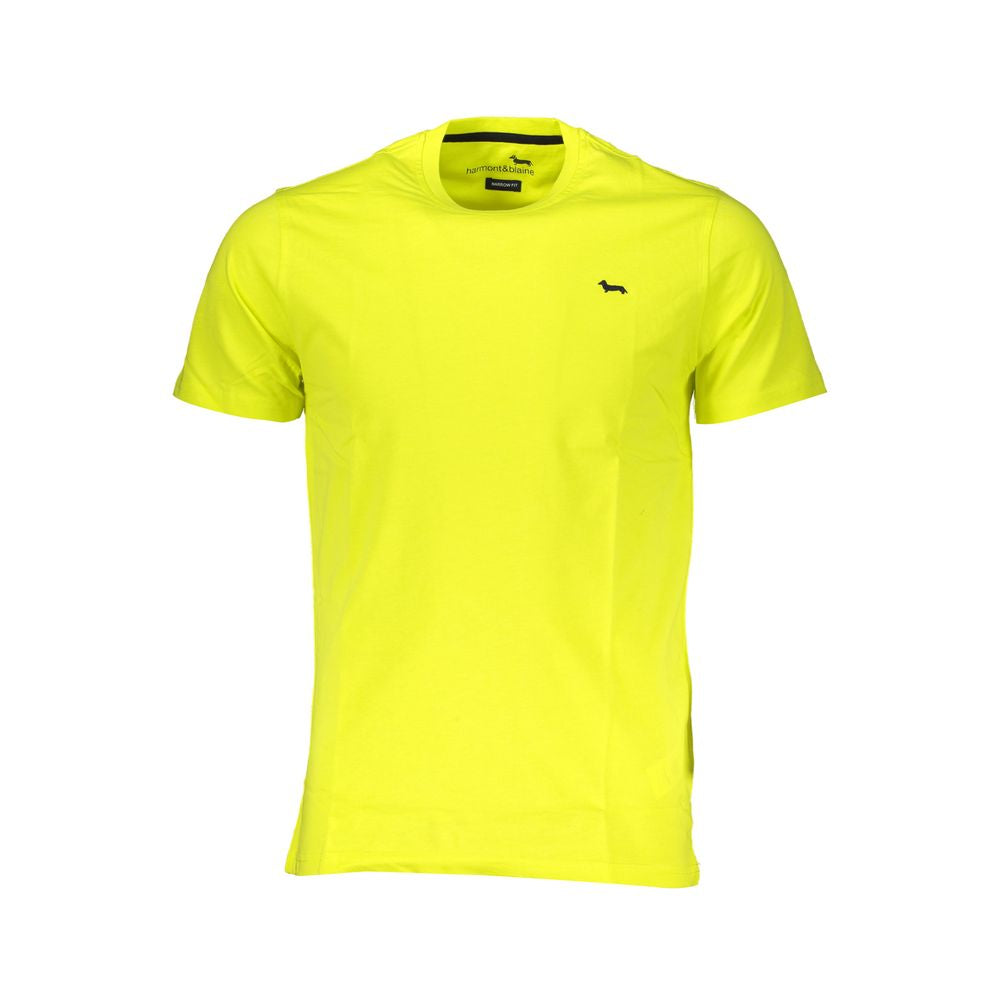 Harmont & Blaine yellow cotton t-shirt with short sleeves, narrow fit, crew neck, and embroidered logo, perfect for casual wear.