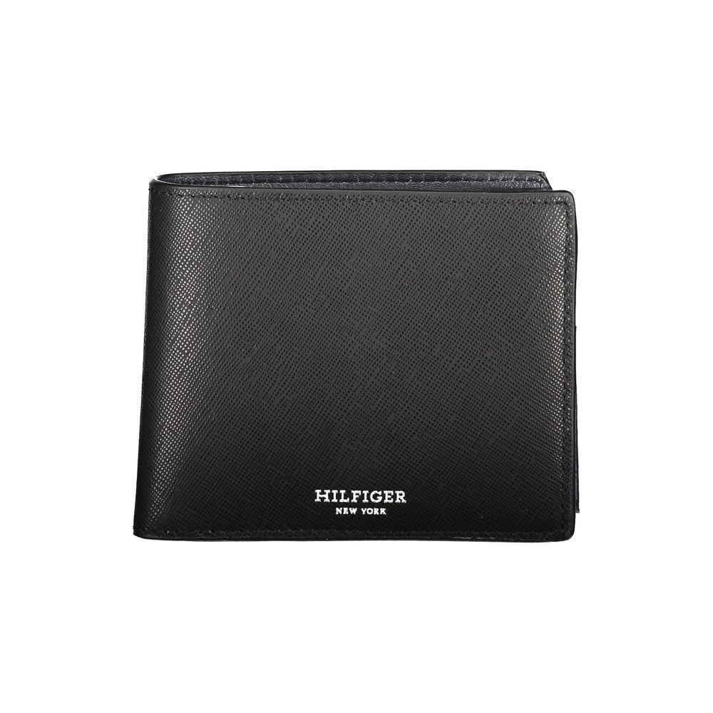 Tommy Hilfiger black leather wallet with two compartments, coin purse, card slots, contrast details, and logo