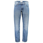 Calvin Klein blue cotton jeans with straight fit, washed effect, 5 pockets, button and zip closure, featuring logo and recycled cotton.