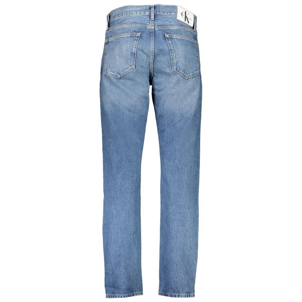 Calvin Klein blue cotton jeans with authentic straight fit, 5 pockets, washed effect, button and zip, featuring logo and 20% recycled material.