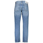 Calvin Klein blue cotton jeans with authentic straight fit, 5 pockets, washed effect, button and zip, featuring logo and 20% recycled material.