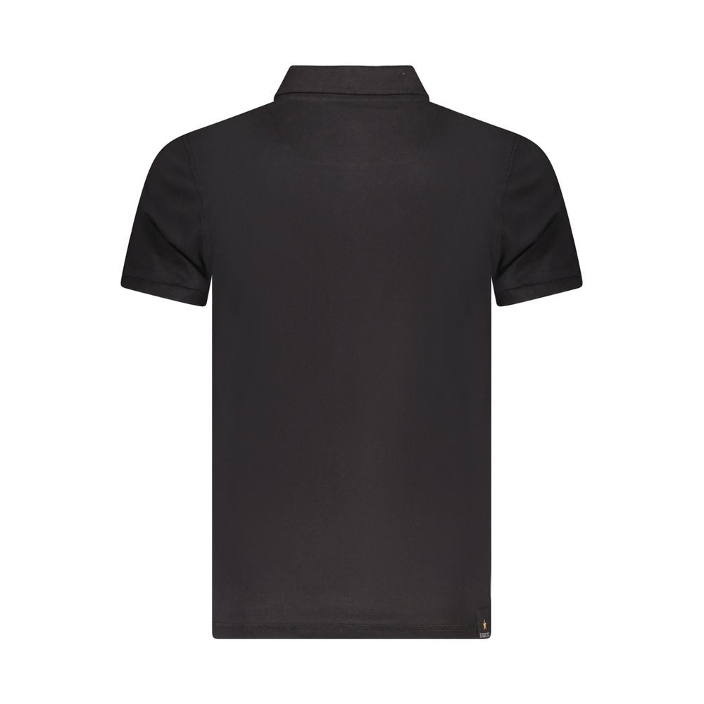 Back view of Accademia Militare Black Cotton Polo Shirt, featuring short sleeves, eagle ball design, 3 buttons, and a logo print.