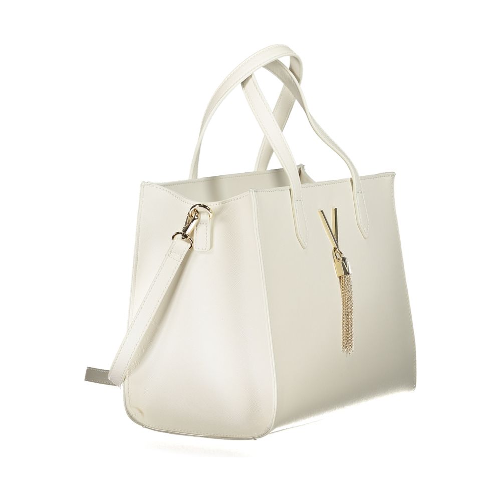 Mario Valentino White Polyethylene Handbag with handles, shoulder strap, internal pockets, zip closure, and logo accents.