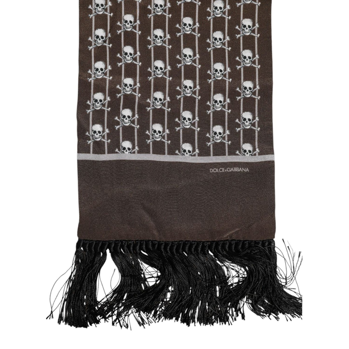 Dolce & Gabbana Brown Skulls Print Fringes Foulard Scarf MS7528