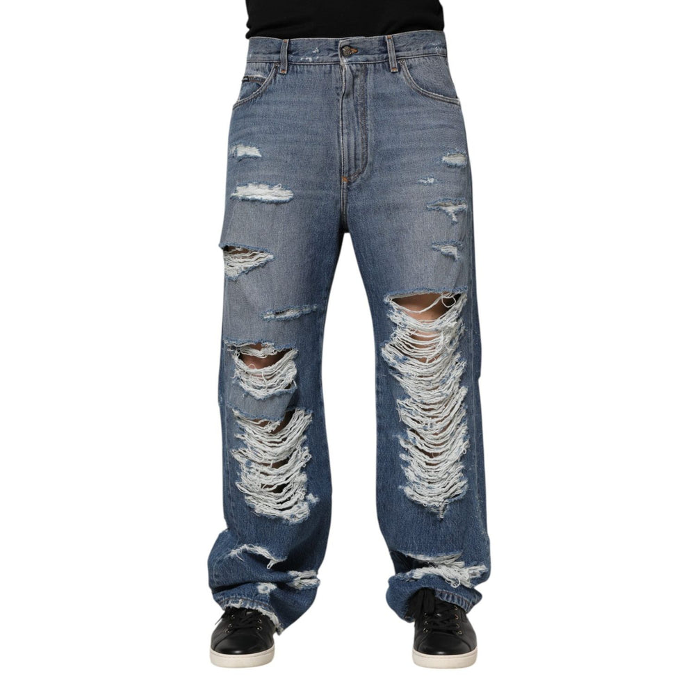 Dolce & Gabbana Blue Tattered Cotton Logo Plaque Denim Jeans PAN76534-48