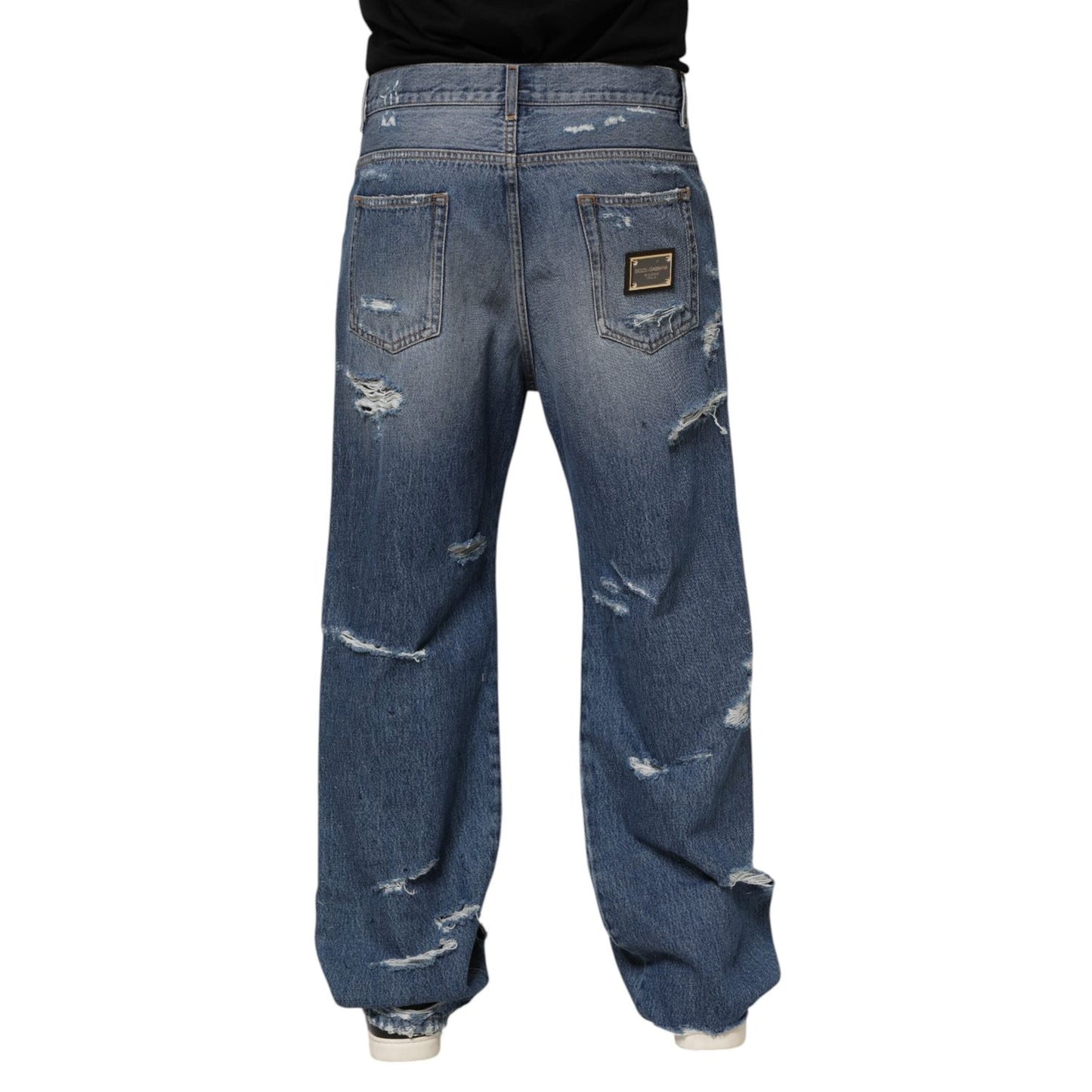 Dolce & Gabbana Blue Tattered Cotton Logo Plaque Denim Jeans PAN76534-48