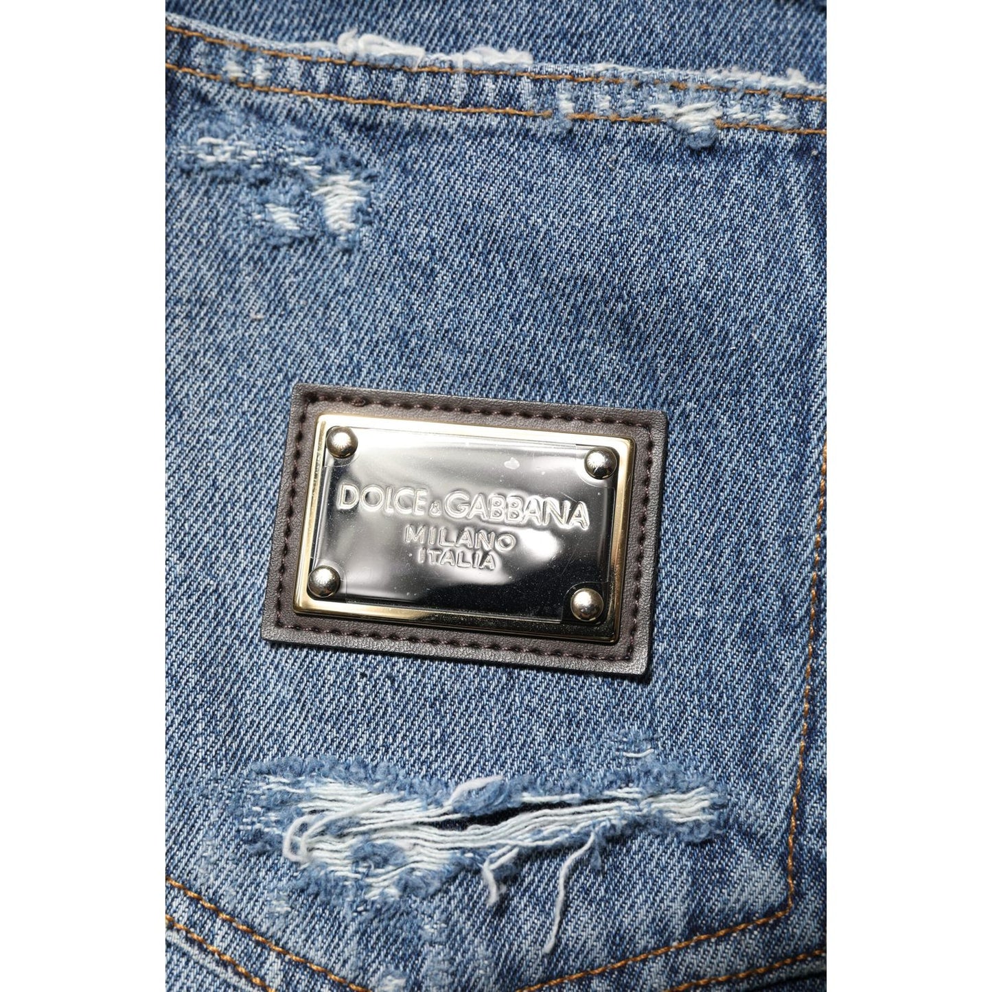 Dolce & Gabbana Blue Tattered Cotton Logo Plaque Denim Jeans PAN76534-48