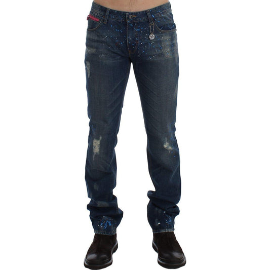 Costume National Blue Wash Paint Slim Fit Pants Jeans
