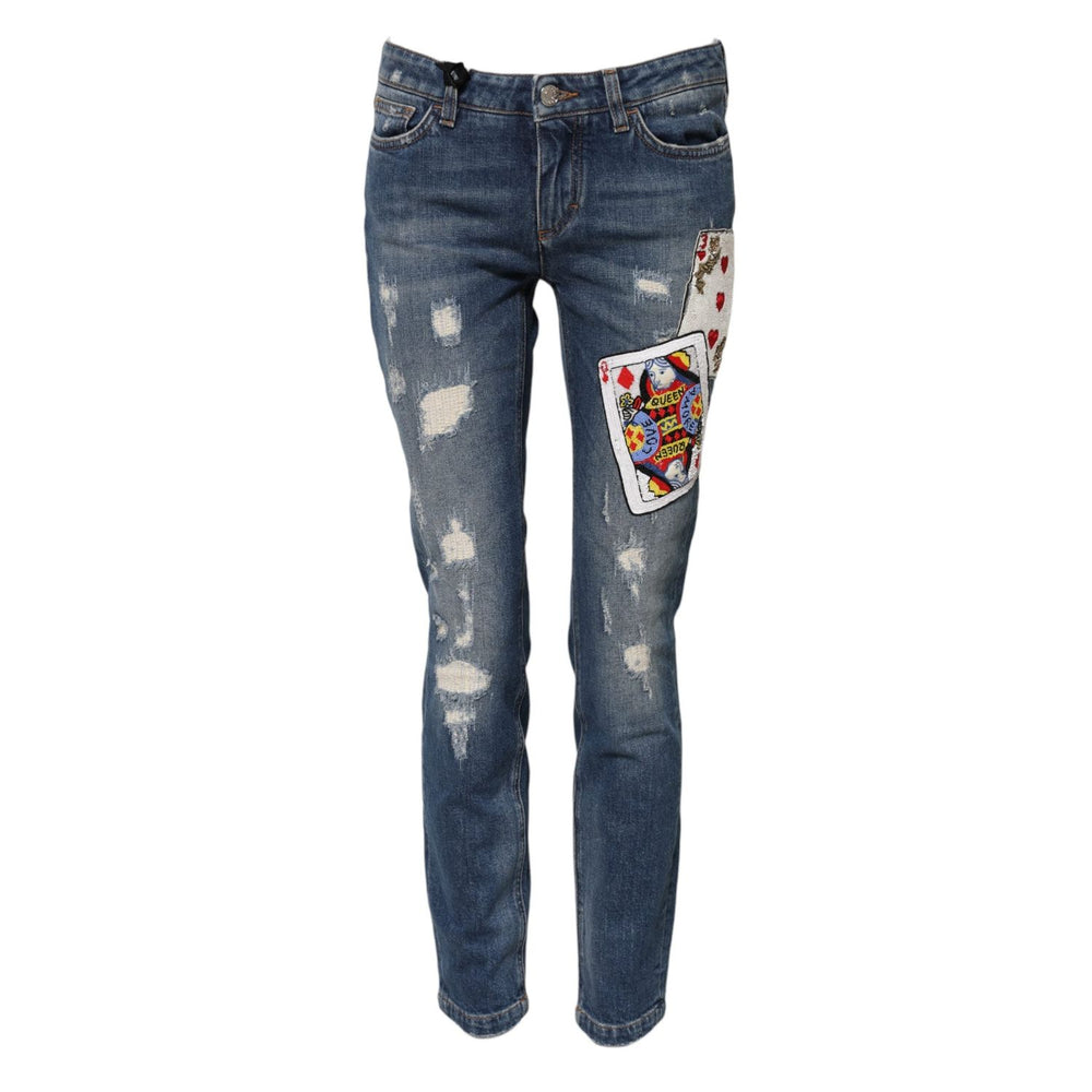 Dolce & Gabbana Blue Play Card Embroidery Skinny Denim Jeans PAN75995-38