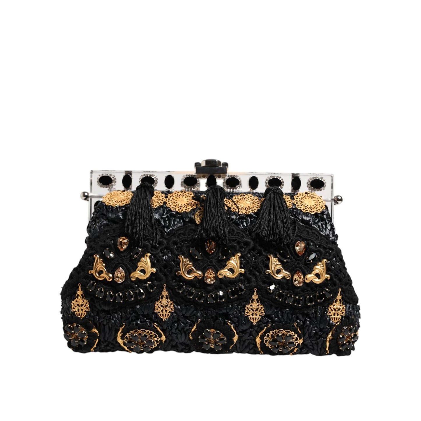 Dolce & Gabbana Black Tassel Gold Baroque Crystal Evening Clutch Bag