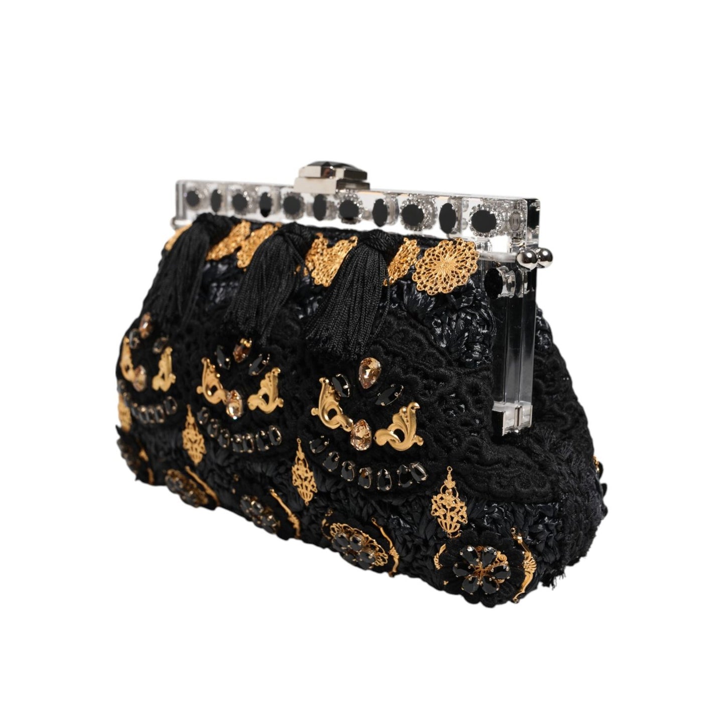 Dolce & Gabbana Black Tassel Gold Baroque Crystal Evening Clutch Bag