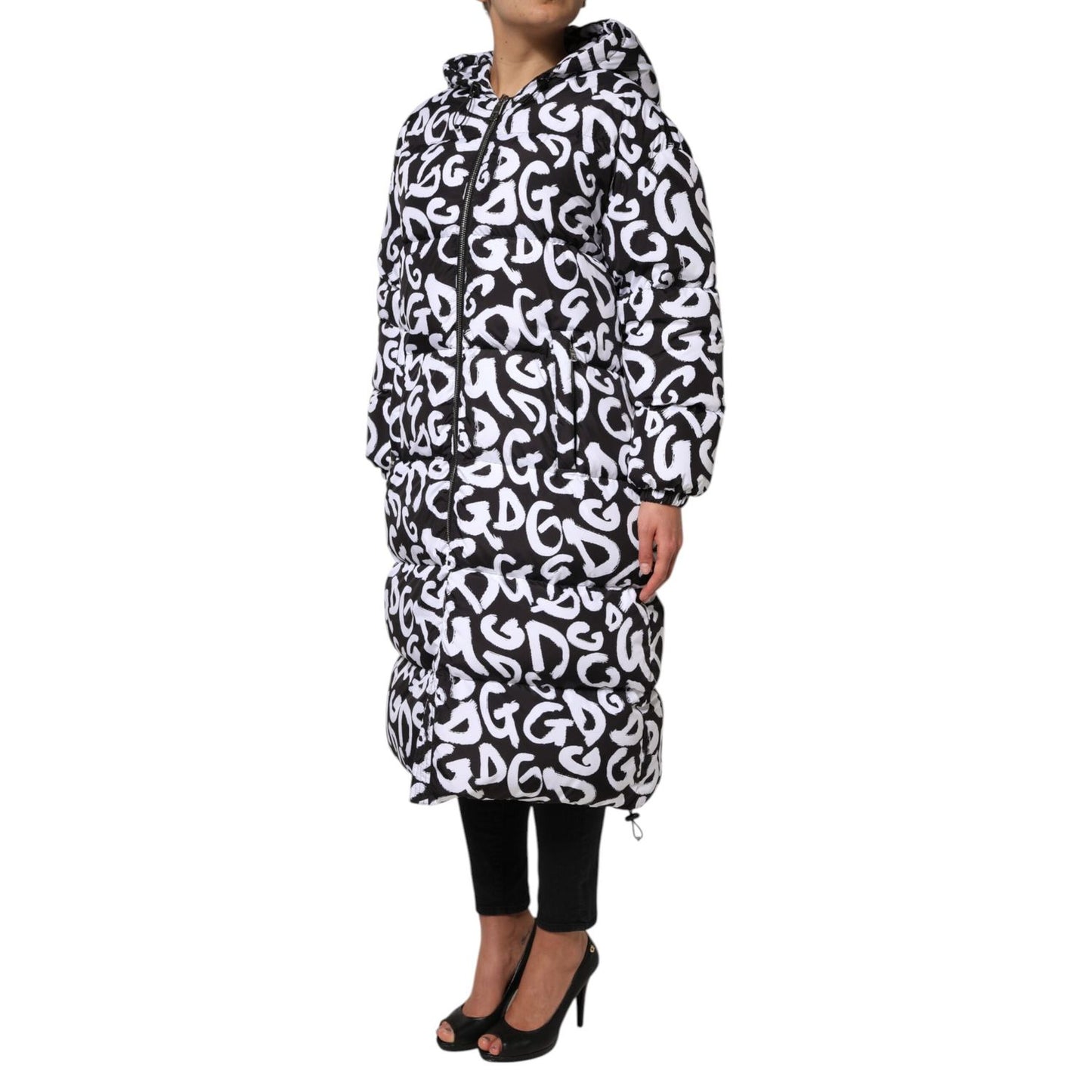 Dolce & Gabbana Black White DG Mania Hooded Long Coat Jacket JKT41490-40