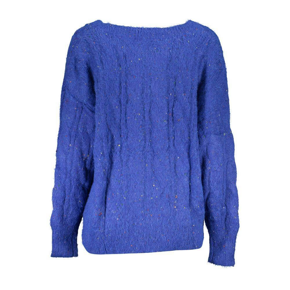 Desigual Blue Polyester Sweater, long-sleeved V-neck with contrast details and logo.