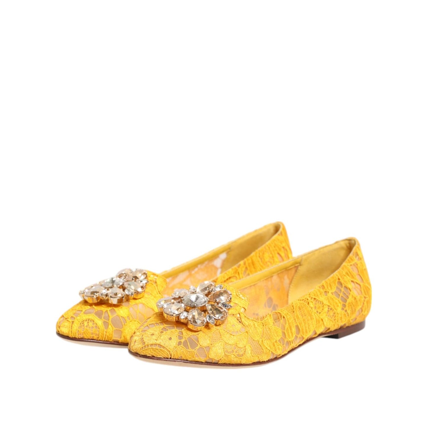 Dolce & Gabbana Yellow Taormina Lace Crystals Flats Shoes LA12800-36