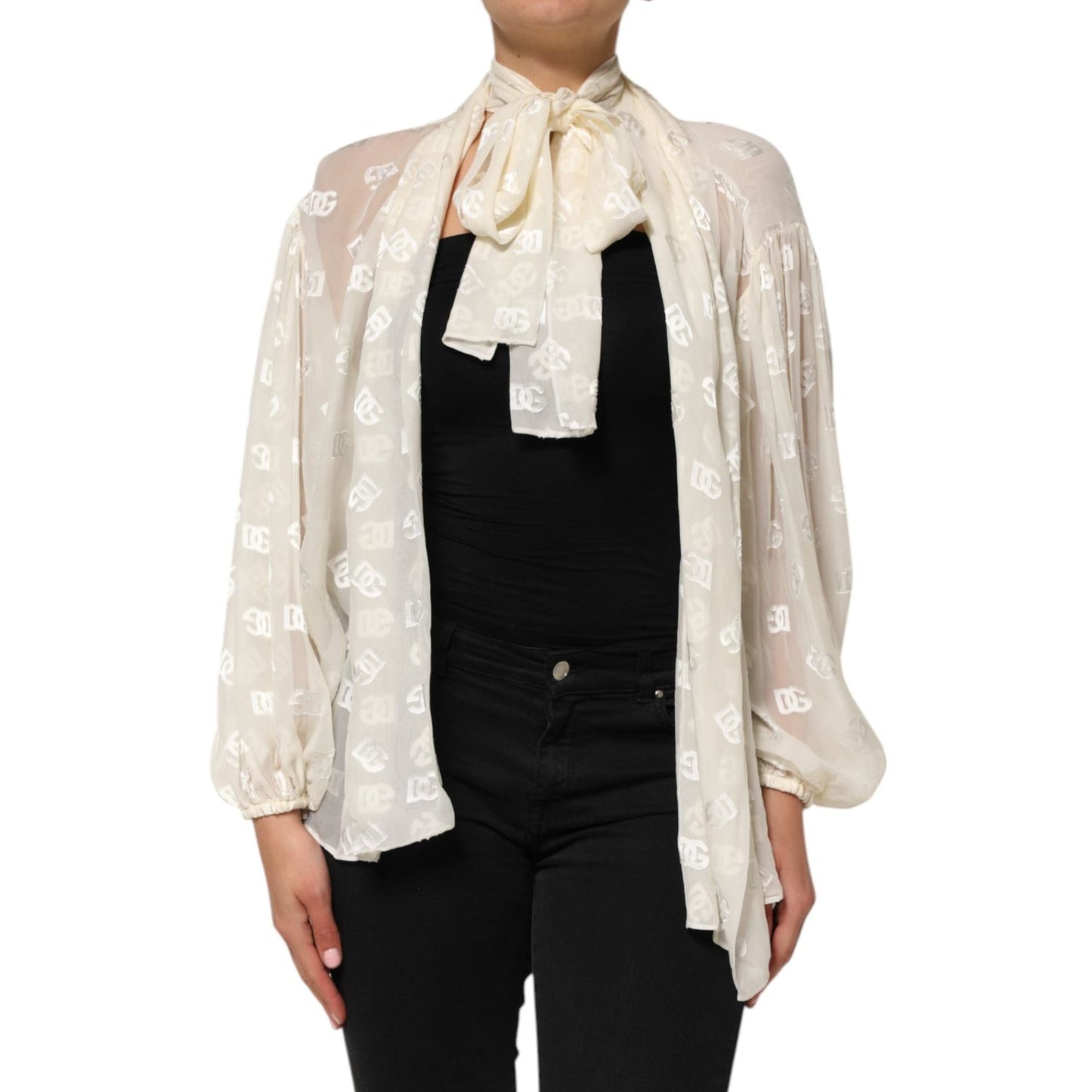Dolce & Gabbana Off White Logo Monogram Ascot Collar Top TSH90738-38