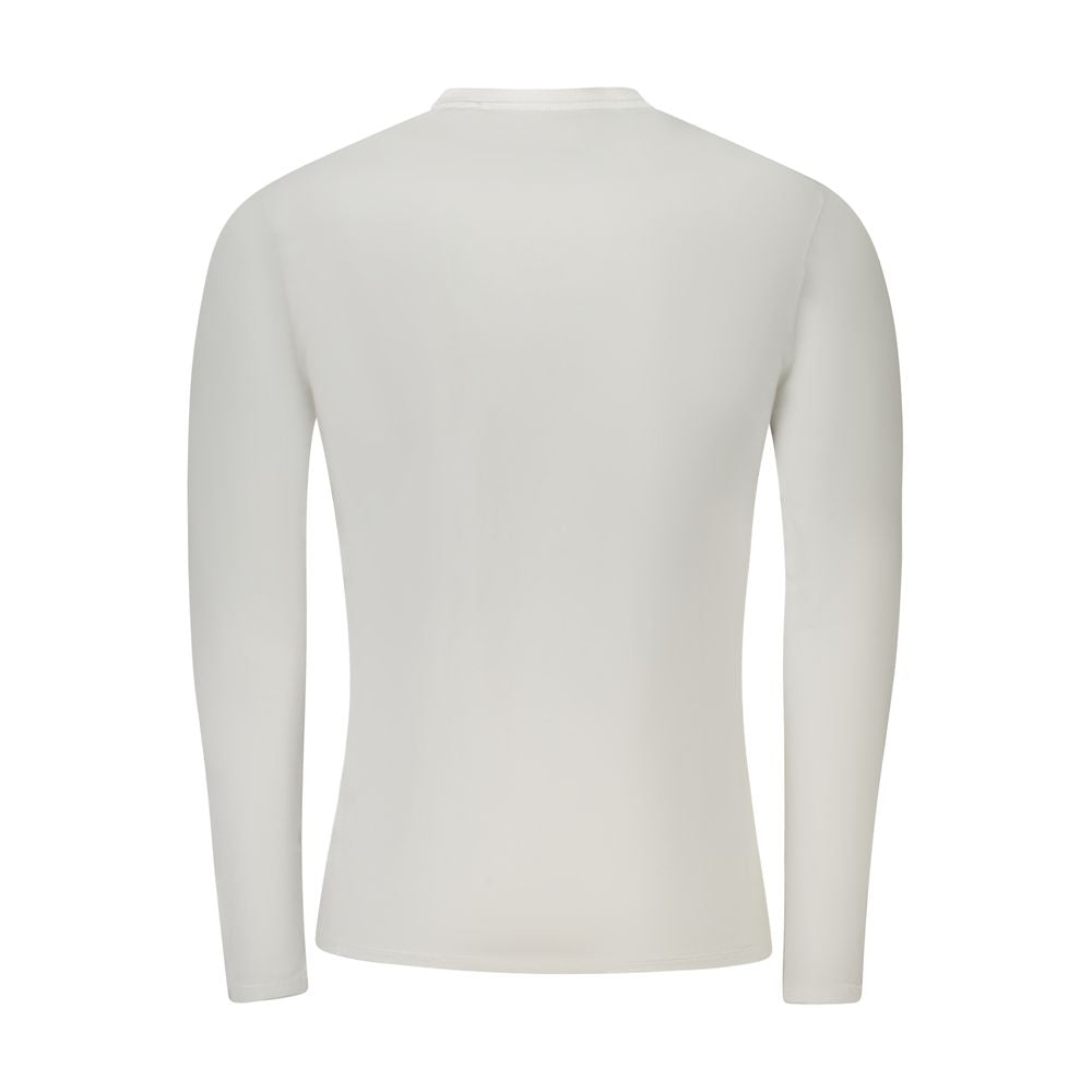 Back view of Guess Jeans White Cotton T-Shirt, long sleeve, super slim fit, V-neck, with applique logo, made of organic cotton.