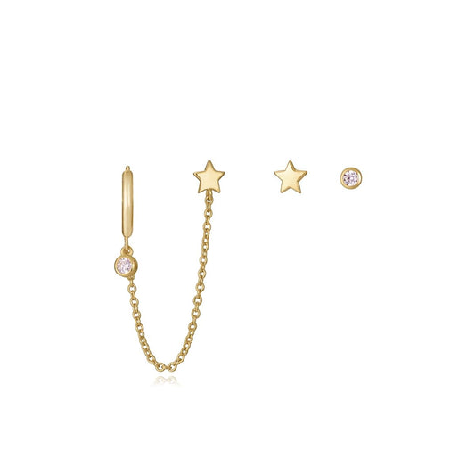 Gold star earrings set with chain and gemstone, perfect accessory for ladies' fashion and style.