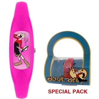 Special pack of pink watch with Olive Oyl design in packaging