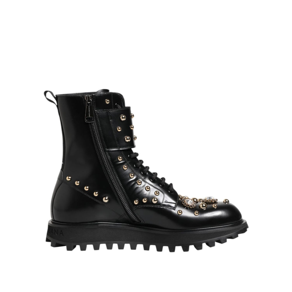 Dolce & Gabbana Black Studded Lace Up Mid Calf Boots Shoes MV7683-42.5