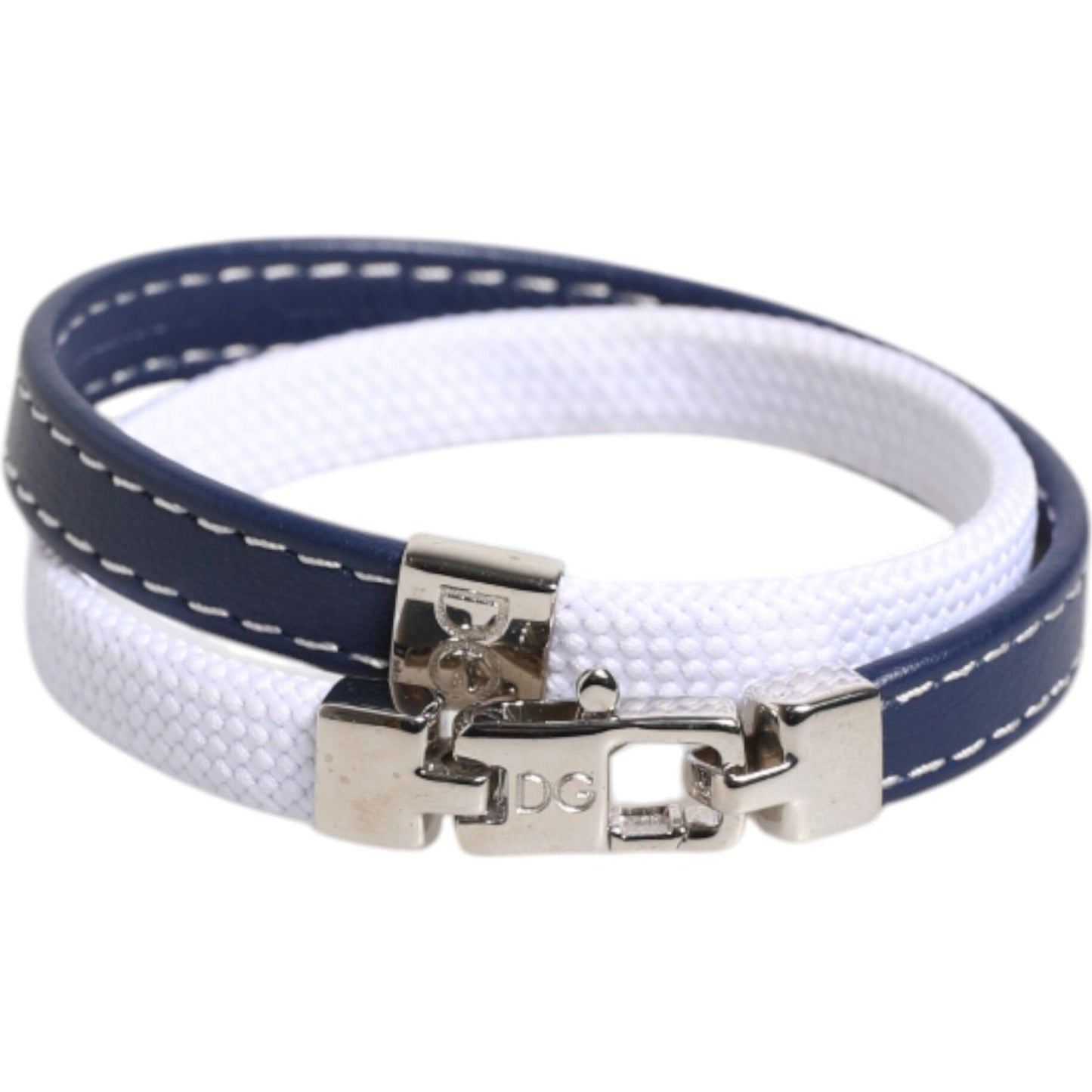 Dolce & Gabbana Blue White Leather Trimmed DG Engraved Silver Tone Clasp Bracelet 1728,67345645728,Blue and White,Bracelets - Men - Jewelry,Dolce & Gabbana,Jewelry,Material: 40% Polyester 40% Cows Leather 20% Real Brass,Men,Men - Jewelry,New with tags Dol