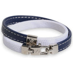 Dolce & Gabbana Blue White Leather Trimmed DG Engraved Silver Tone Clasp Bracelet 1728,67345645728,Blue and White,Bracelets - Men - Jewelry,Dolce & Gabbana,Jewelry,Material: 40% Polyester 40% Cows Leather 20% Real Brass,Men,Men - Jewelry,New with tags Dol
