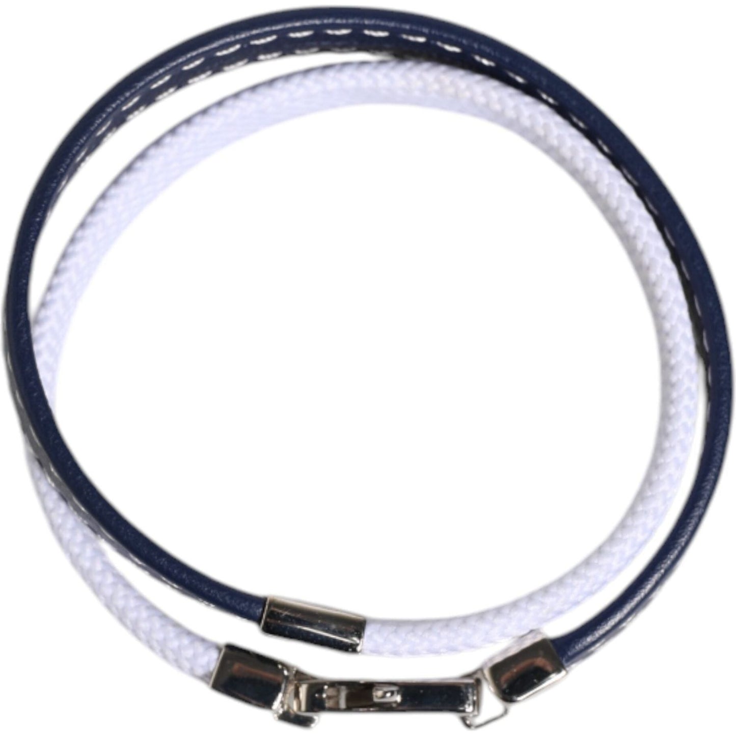 Dolce & Gabbana Blue White Leather Trimmed DG Engraved Silver Tone Clasp Bracelet 1728,67345645728,Blue and White,Bracelets - Men - Jewelry,Dolce & Gabbana,Jewelry,Material: 40% Polyester 40% Cows Leather 20% Real Brass,Men,Men - Jewelry,New with tags Dol