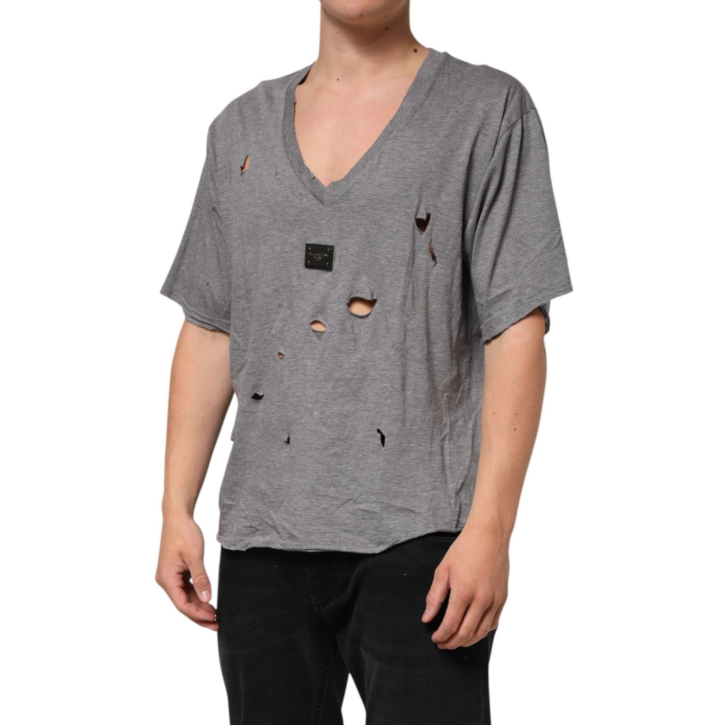 Dolce & Gabbana Gray Cotton Tattered Logo Patch Men T-shirt THS90362-52