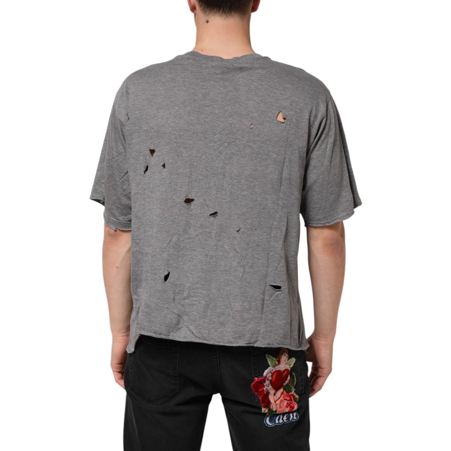 Dolce & Gabbana Gray Cotton Tattered Logo Patch Men T-shirt THS90362-52
