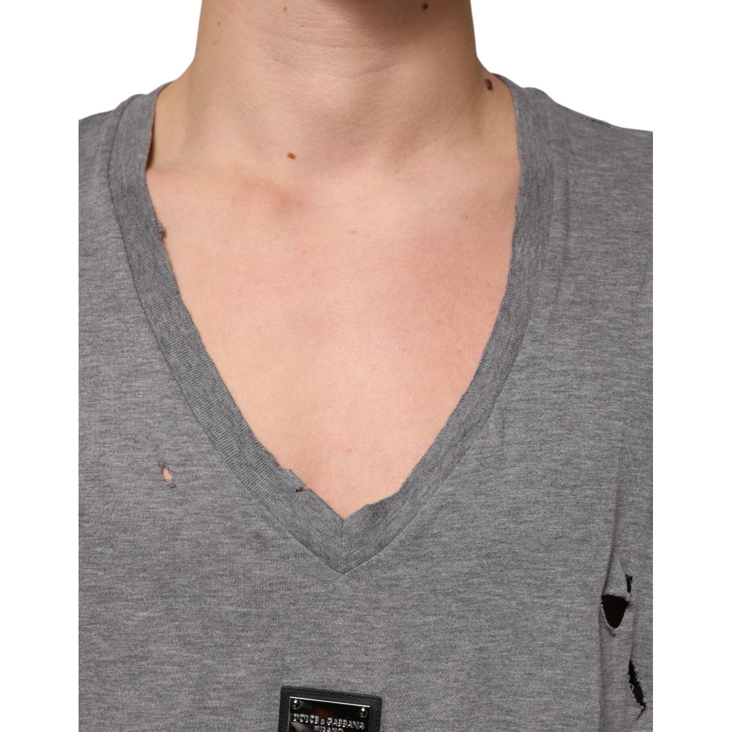 Dolce & Gabbana Gray Cotton Tattered Logo Patch Men T-shirt THS90362-52