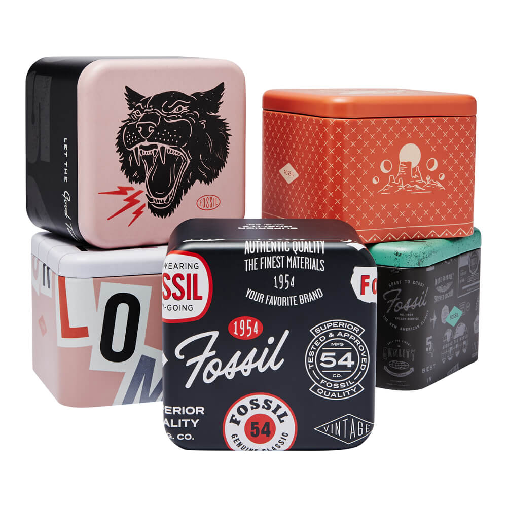 FOSSIL Mod. ES5137 official packaging with decorative watch boxes showcasing various designs.