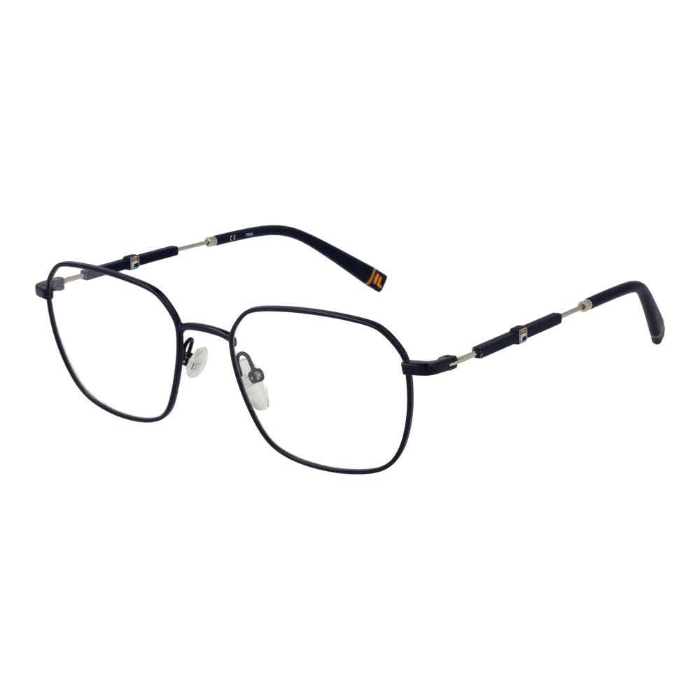 Fila Blue Men Glasses Frame, full-rim blue rectangle design, rubber material, demo lenses, 52-16-140 size, for men with included branded case.