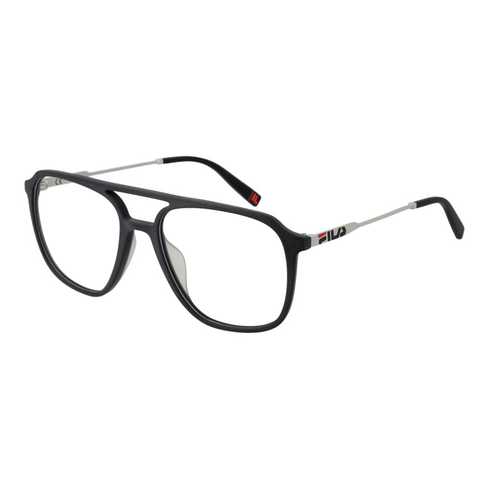 Fila Gray Men Glasses Frame, gunmetal half-rim rectangle style with stainless steel and blue accents.
