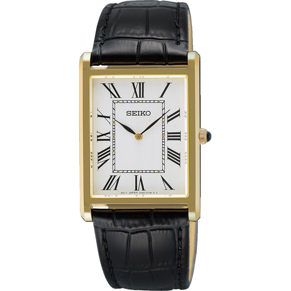 SEIKO WATCHES Mod. SWR104P1 with gold rectangular case and black leather strap