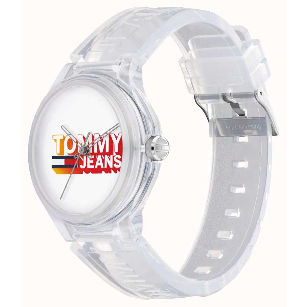 Clear strap TOMMY HILFIGER Mod. 1720027 watch with logo, quartz analog movement, and multifunction dial on mineral material.