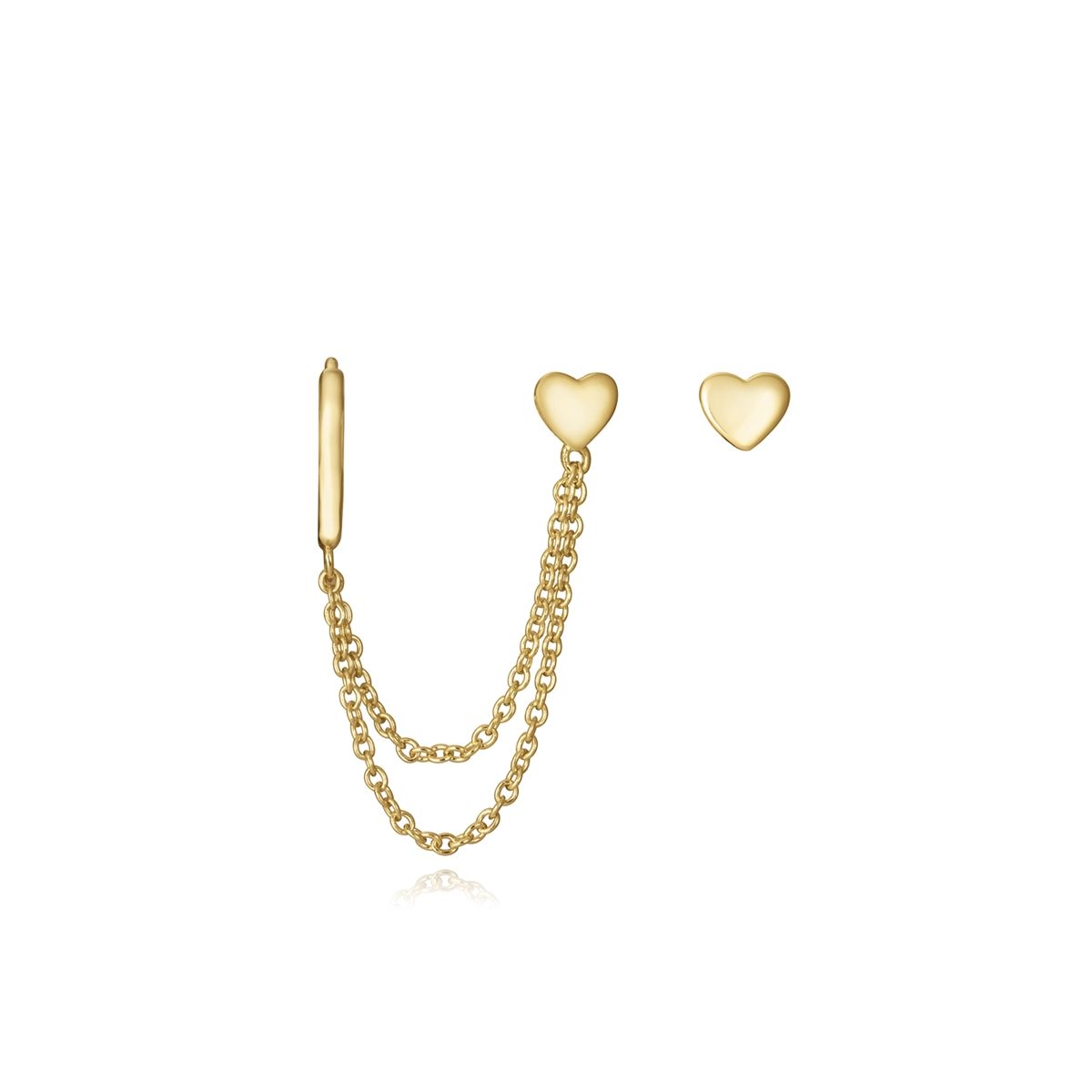 Gold heart-shaped chain earrings on a white background