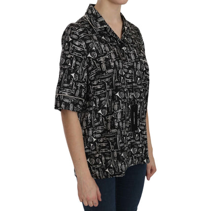 Dolce & Gabbana Black Musical Instrument Print Silk Top