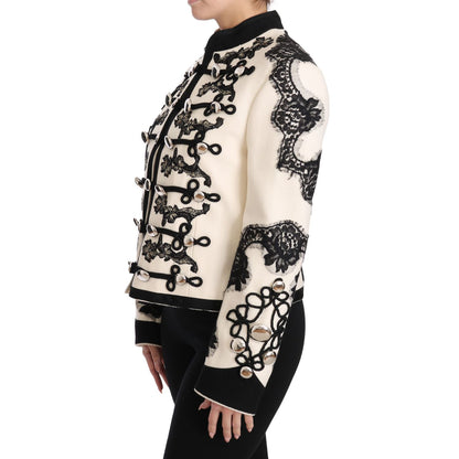 Dolce & Gabbana White Wool Black Floral Baroque Jacket