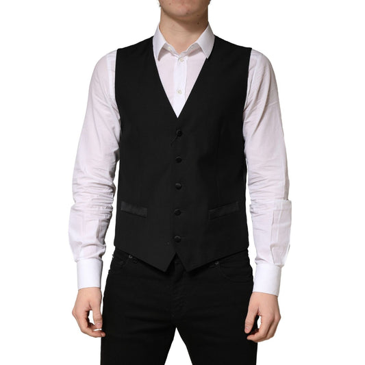 Dolce & Gabbana Black Wool Single Breasted Men Waistcoat Vest 1728,67345645728,Black,Clothing,Dolce & Gabbana,IT48 | M,Material: 97% Virgin Wool 1% Silk 1% Nylon 1% Flax,Men,Preowned / Defect,Suits & Blazers - Clothing,Waistcoats - Suits & Blazers - Cloth
